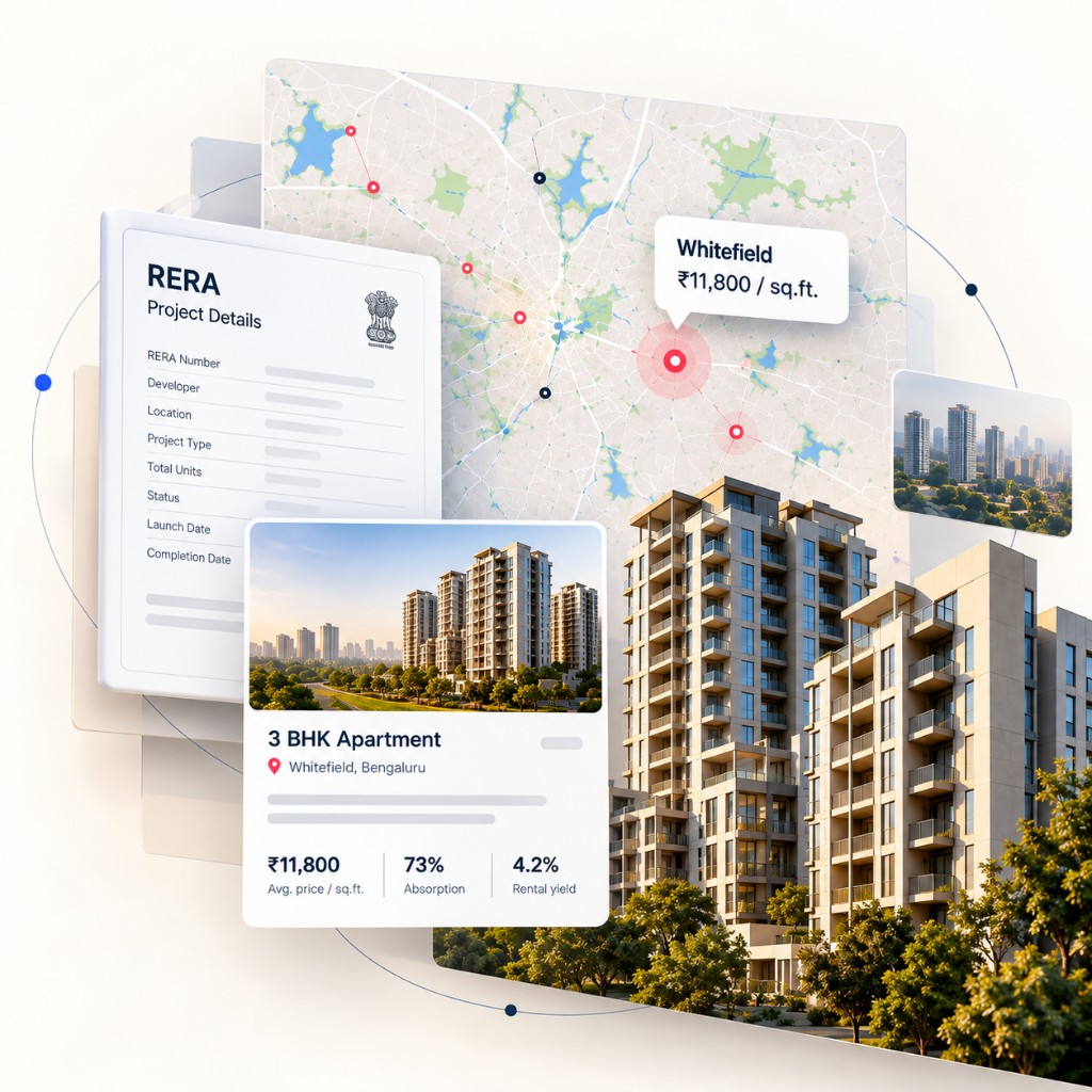 RERA project details, a Bengaluru map, and apartment pricing